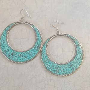 BIG,VTG. BOHO TURQUOISE&925 INLAID HOOPS W/ WIRES